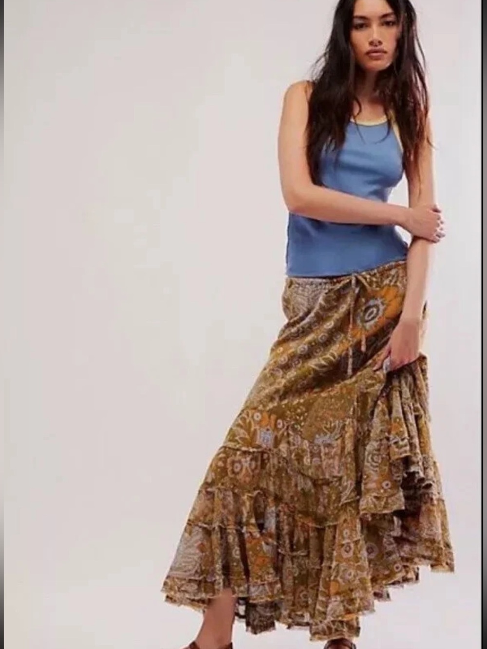 Free People Calista Olive Mustard Boho Floral Maxi Skirt Large-NWOT Billowy